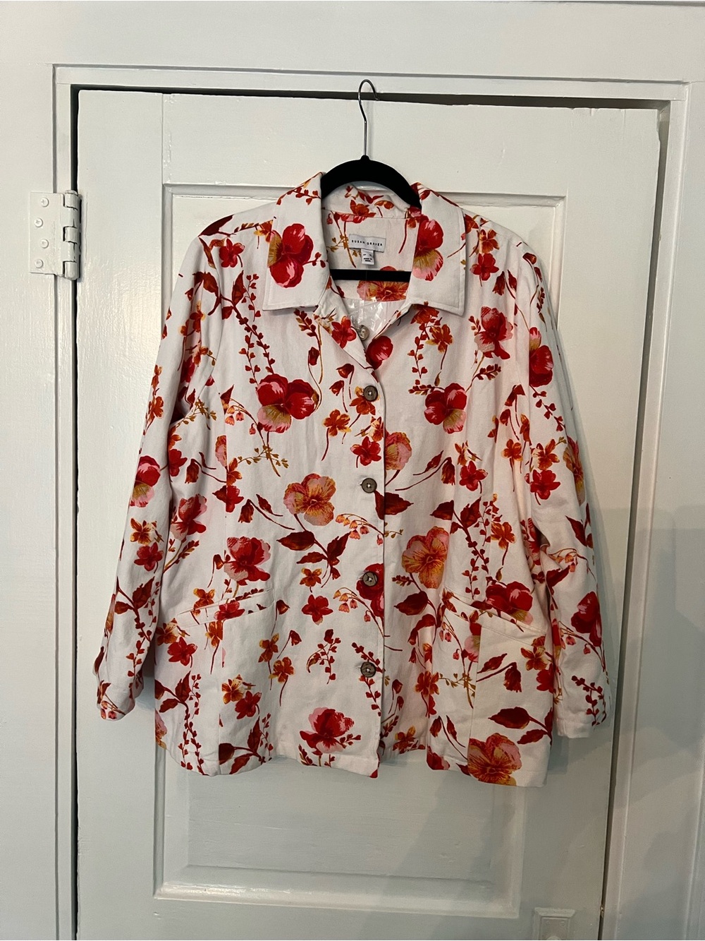 Susan Graver XL White Top or Jacket with Orange and Pink Floral Printing